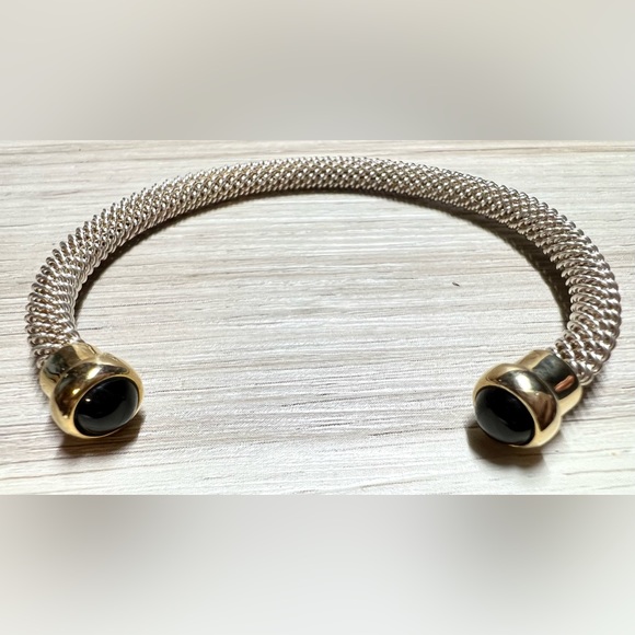 Vintage Designer Sterling Silver & Gold Onyx Cabochon Tip Cuff Bracelet, 7" - Picture 6 of 10